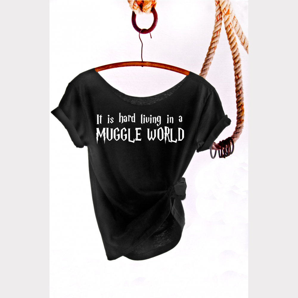 Muggle World Harry Potter Shirt, Women's Off The Shoulder Slouchy Tee.  Choice of 4 Colors