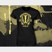 Hufflepuff Harry Potter Women's Stretchy Fitted Tee. Bright Yellow Ink on Black