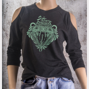 Cold Shoulder Slytherin Shirt 3/4 Sleeve Harry Potter Top. Metallic Green Ink